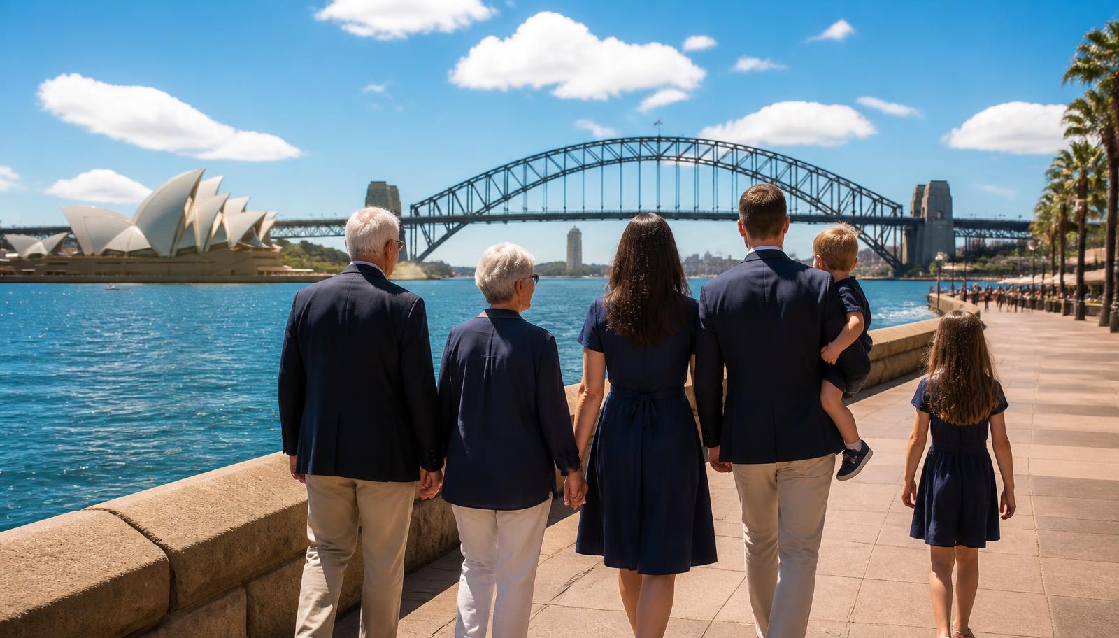 A family walking along Sydney Harbour at sunset